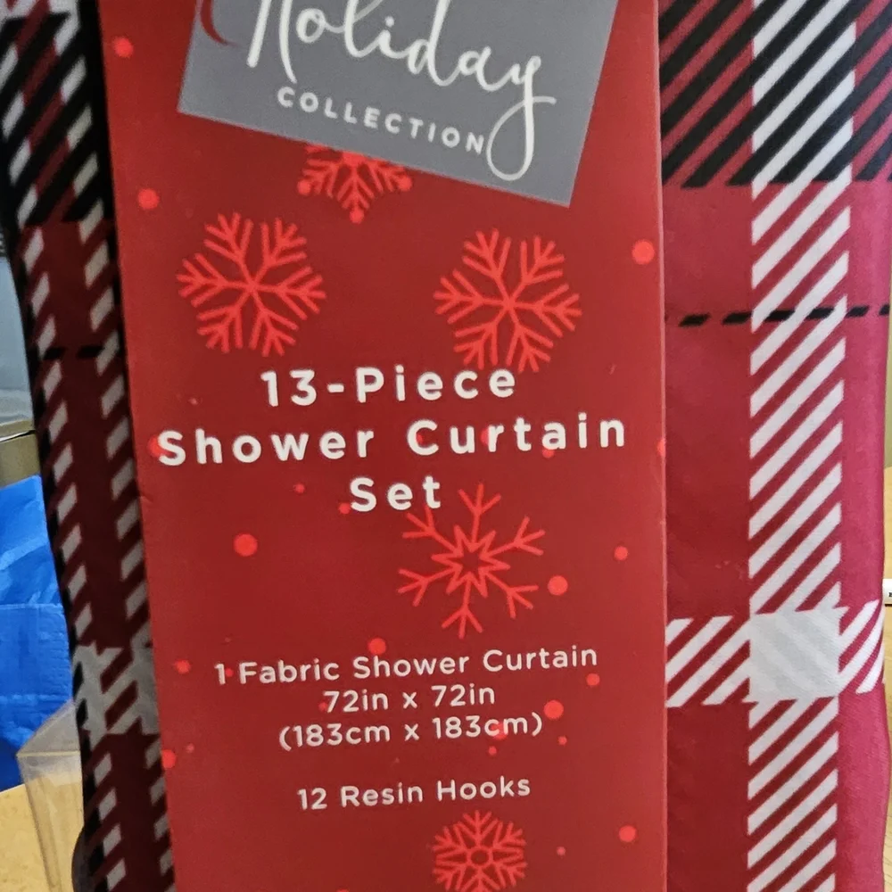 Christmas Plaid Shower Curtain Red Decor Holiday 72X72 13 Piece Hooks Fabric